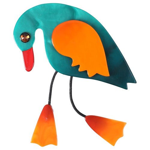 Ocean Blue and Orange Twisty Bird Brooch - Galalith – Vintage Jewelry - handcrafted by Pavone by Pavone