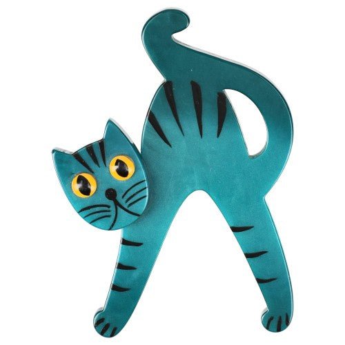 Ocean Blue Happy Cat Brooch (Large Size) (Left) - Galalith – Vintage Jewelry - handcrafted by Pavone by Pavone