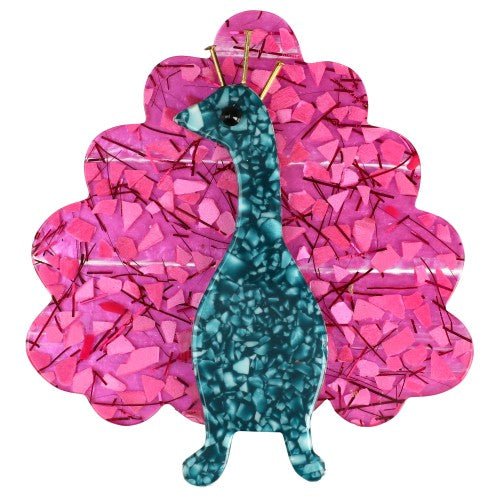 Ocean Blue Mosaic with Fuchsia Pink Mosaic Peacock Bird Brooch - Galalith – Vintage Jewelry - handcrafted by Pavone by Pavone