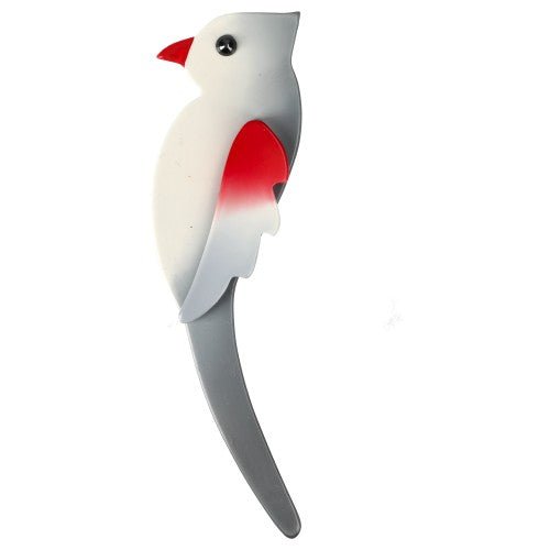 Light Grey and Red Zazy Bird Brooch - Galalith – Vintage Jewelry - handcrafted by Pavone by Pavone