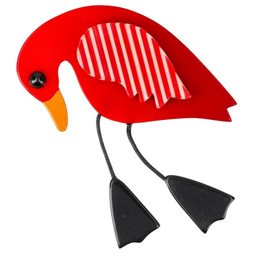 Red and Striped Twisty Bird Brooch with Black Feet