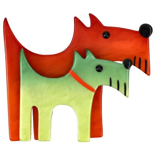 Orange and Anise Green Double Dog Brooch - Galalith – Vintage Jewelry - handcrafted by Pavone by Pavone