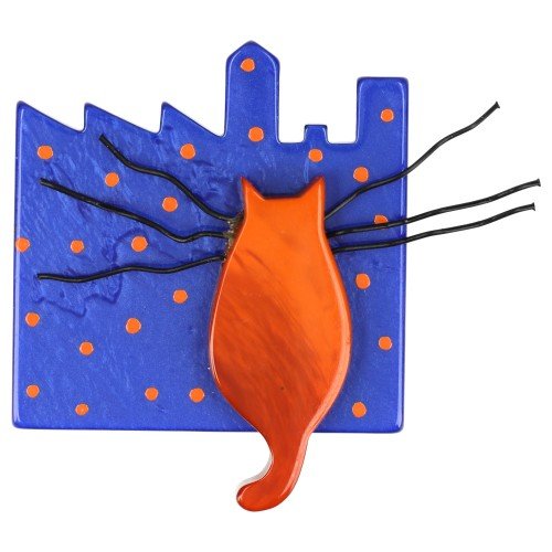 Orange and Blue City Cat Brooch - Galalith – Vintage Jewelry - handcrafted by Pavone by Pavone