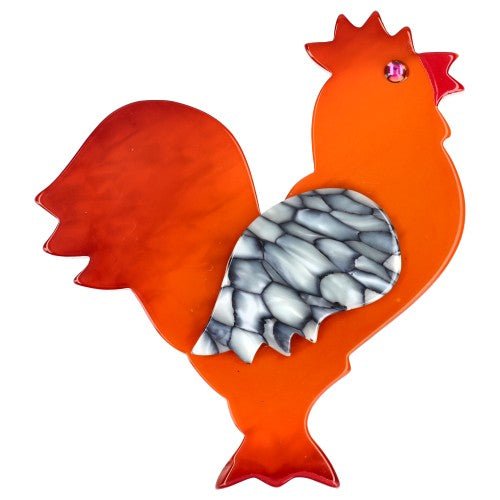 Orange and Grey Rooster Brooch - Galalith – Vintage Jewelry - handcrafted by Pavone by Pavone