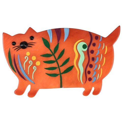 Orange and Multicolor Floral Decor Cat Brooch - Galalith – Vintage Jewelry - handcrafted by Pavone by Pavone