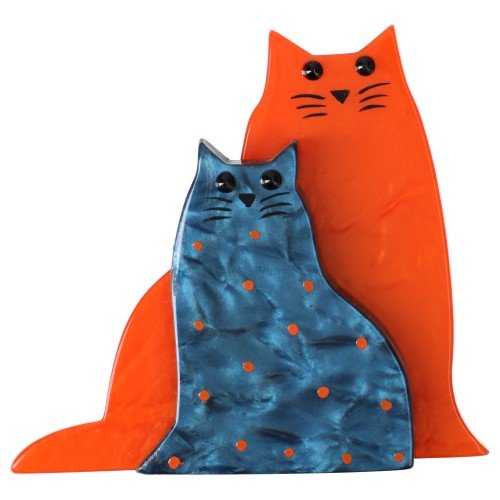Orange and Ocean Blue with Dots Lovely Cat Brooch - Galalith – Vintage Jewelry - handcrafted by Pavone by Pavone