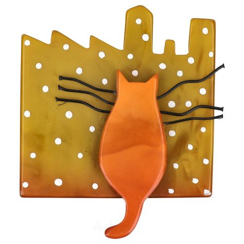 Orange and Ocher Yellow City Cat Brooch - Galalith – Vintage Jewelry - handcrafted by Pavone by Pavone