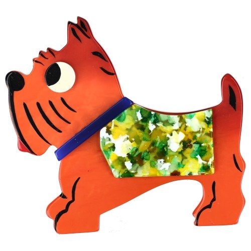 Orange, Green-Yellow-White Coat and Purple Collar Jano Dog Brooch - Galalith – Vintage Jewelry - handcrafted by Pavone by Pavone