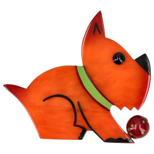 Orange Lucien Dog Brooch with a Red Ball - Galalith – Vintage Jewelry - handcrafted by Pavone by Pavone