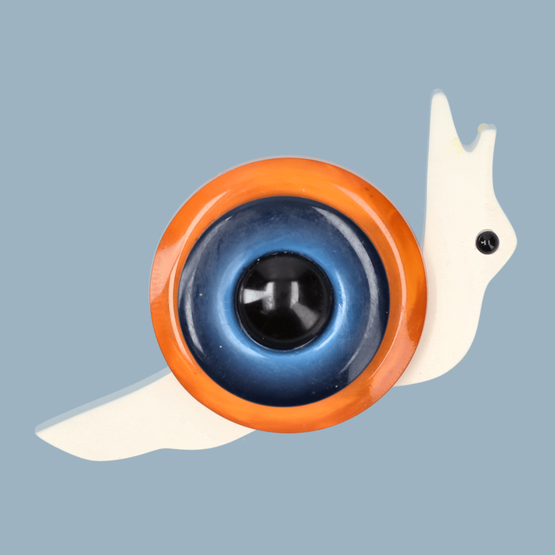 Orange - Ocean Blue, Black and White Snail Brooch - Galalith – Vintage Jewelry - handcrafted by Pavone by Pavone
