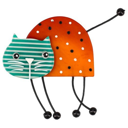 Orange - polka dot Zebulon Cat Brooch with green striped head - Galalith – Vintage Jewelry - handcrafted by Pavone by Pavone