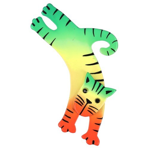 Orange Rainbow Jumpy Cat Brooch (orange,lemon yellow, anise green) (Mini Brooch Right) - Galalith – Vintage Jewelry - handcrafted by Pavone by Pavone