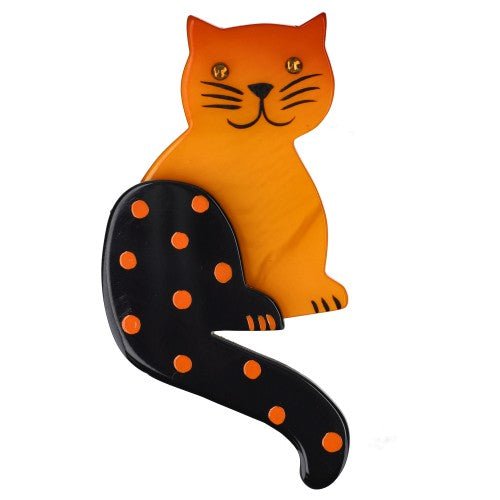 Orange Striped Tail Cat Brooch with Dots - Galalith – Vintage Jewelry - handcrafted by Pavone by Pavone