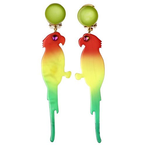 Orange, Yellow, Green Rainbow Colors Parrot Bird Earrings - Galalith – Vintage Jewelry - handcrafted by Pavone by Pavone