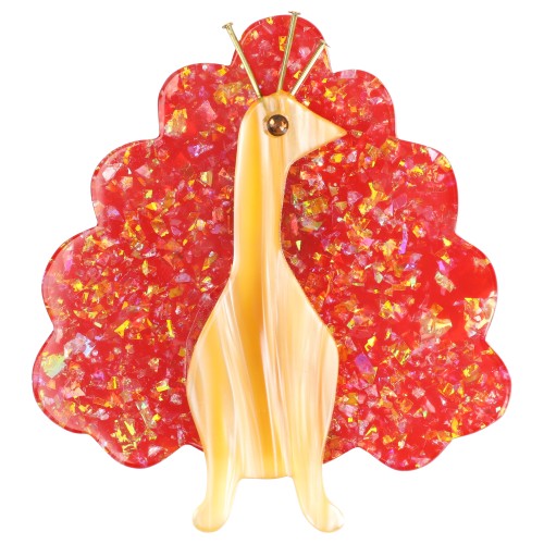 Yellow and Bright Red Peacock Bird Brooch