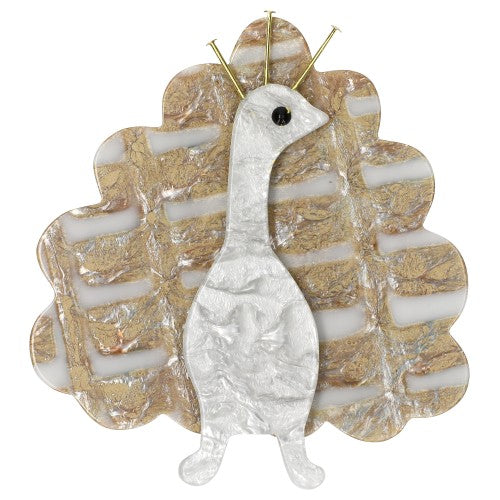 Pearly White and Beige with Patterns Peacock Bird Brooch