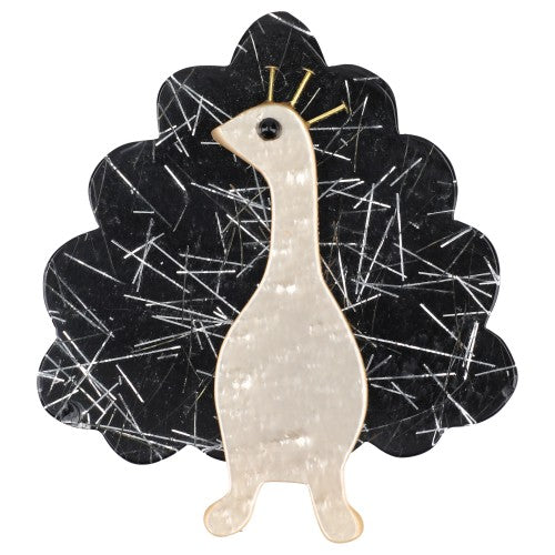 Pearly Cream and black with silver glitter Peacock Bird Brooch