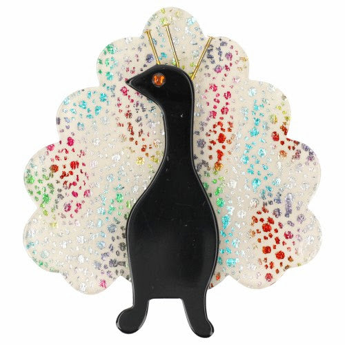 Black and White with multi-colored shiny dots Peacock Bird Brooch 
