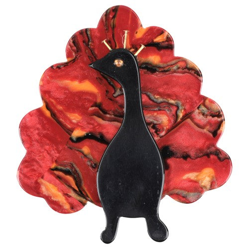 Black and Red Pattern with ocher and black Peacock Bird Brooch