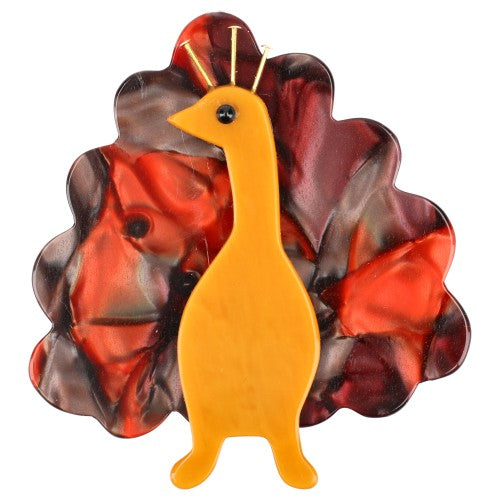 Yellow and Ginger Pattern with brown and ginger Peacock Bird Brooch