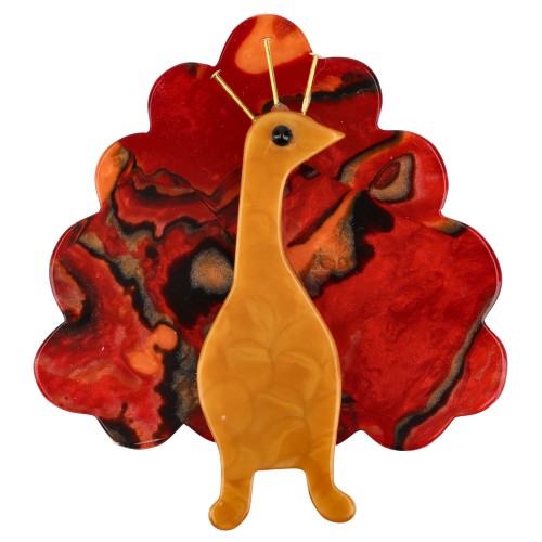 Yellow and Red Pattern with ocher, brown and ginger Peacock Bird Brooch