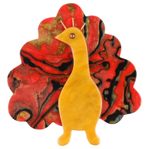 Yellow and red apttern with black and ocher Peacock Bird Brooch