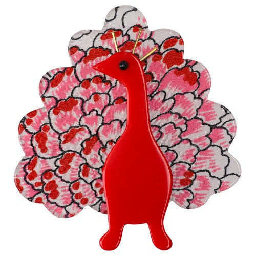 Red with Red floral pattern Peacock Bird Brooch