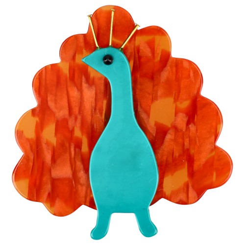 Turquoise and Orange Peacock Bird Brooch