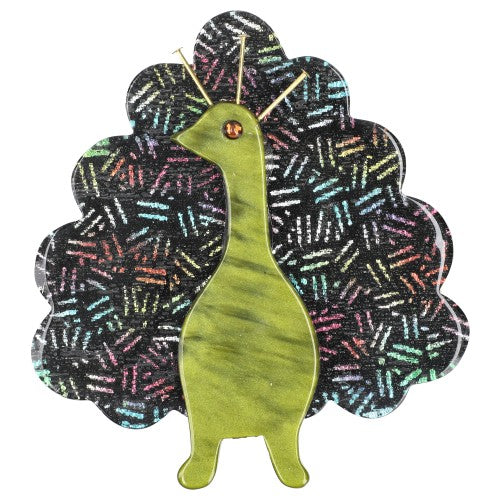 Moose Green and Black with multicolored glitter Peacock Bird Brooch