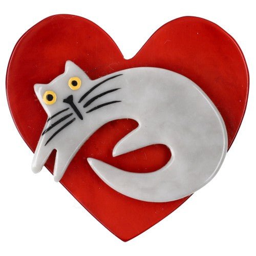 Pearl Grey Cat on Red Heart Brooch (small size) - Galalith – Vintage Jewelry - handcrafted by Pavone by Pavone