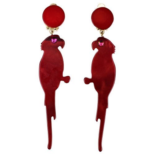 Pearly Burgundy Red Parrot Bird Earrings - Galalith – Vintage Jewelry - handcrafted by Pavone by Pavone