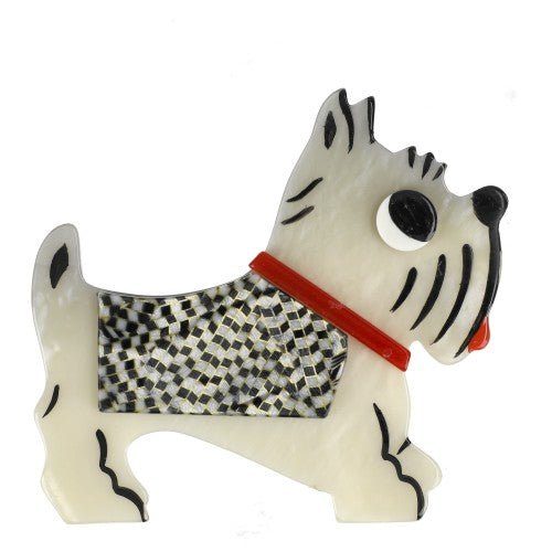 Pearly White, White and Black Checkered Coat, Red Collar, Jano Dog Brooch - Galalith – Vintage Jewelry - handcrafted by Pavone by Pavone