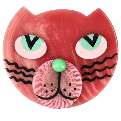 Pink Cat Lynx with Pink Eyes Brooch (small size) - Galalith – Vintage Jewelry - handcrafted by Pavone by Pavone