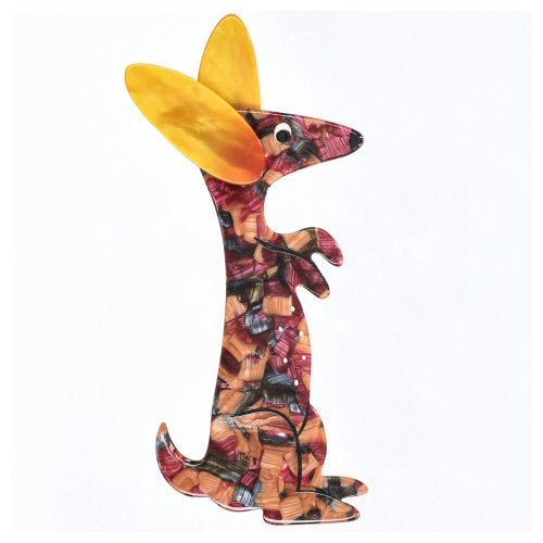 Pink-Ochre Marquetry Boogie Bunny Rabbit Brooch with Yellow Ears - Galalith – Vintage Jewelry - handcrafted by Pavone by Pavone