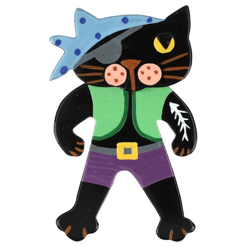 Black Pirate Cat Brooch with Almond Green, Blue and Purple (Little Size)