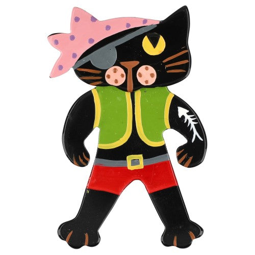 Black Pirate Cat Brooch with Anise Green, Pink and Red (Little Size)