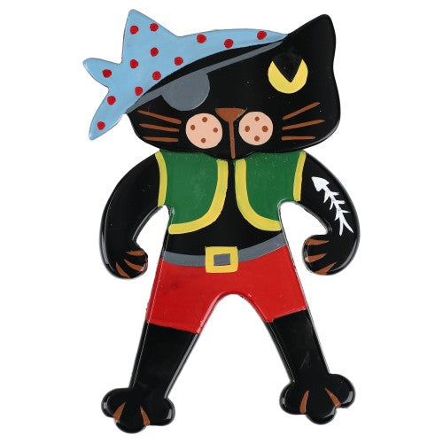 Black Pirate Cat Brooch with  Green Red and Blue (large one)