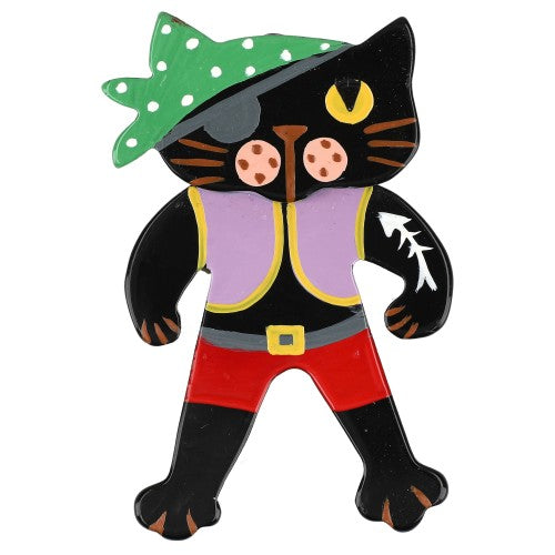 Black Pirate Cat Brooch with Lilac Purple, Green and Red (Little Size)