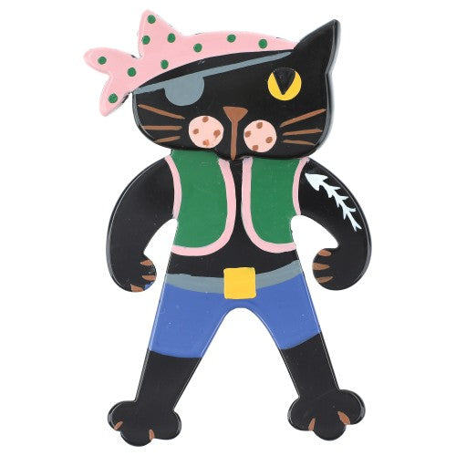 Black Pirate Cat Brooch with  Green Blue and Pink (Mittle one)