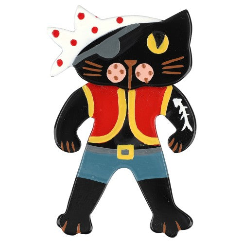 Black Pirate Cat Brooch with Red, White and Blue (Little Size)