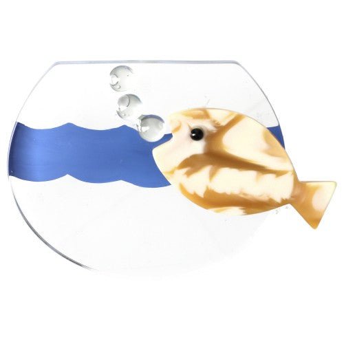 Plexiglas Aquarium Brooch with Blue Wave and Ocher - Yellow and White Fish - Galalith – Vintage Jewelry - handcrafted by Pavone by Pavone