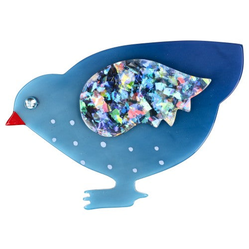 French Blue Hen Brooch with a Light Brilliant Blue Wing  