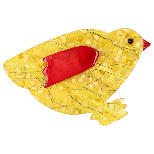 Mosaic Yellow Hen Brooch with a Red Wing
