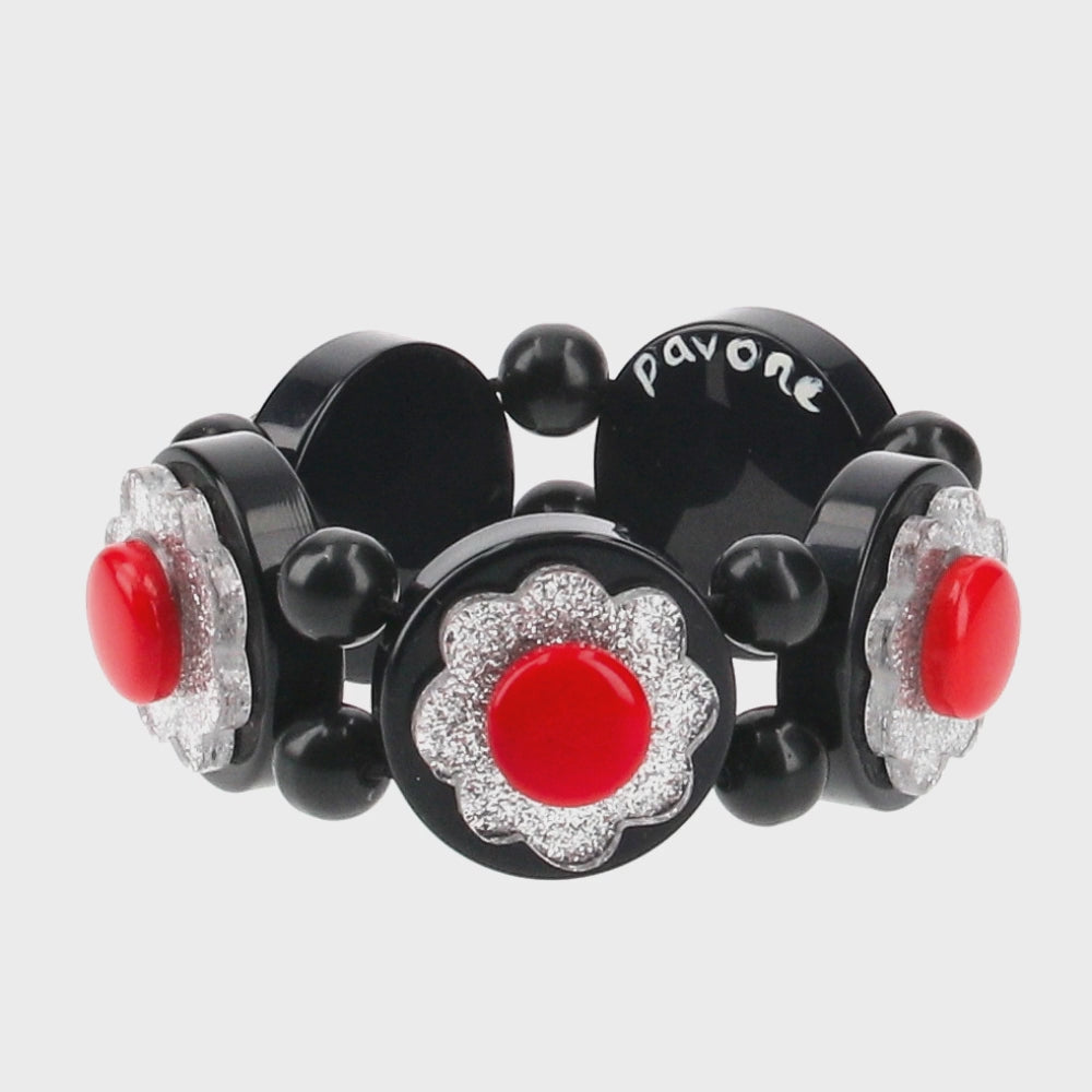 Black, Shiny Grey and Red Flowers Bracelet