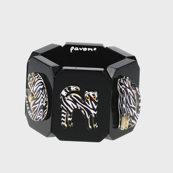 Zebra Black and White Cat Silhouette on Black Bracelet 