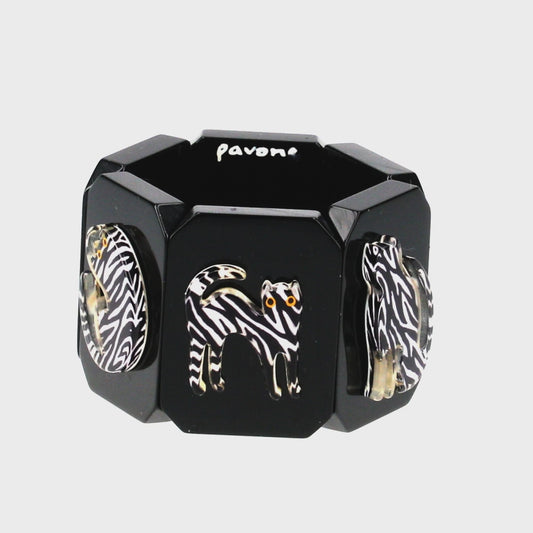 Zebra Black and White Cat Silhouette on Black Bracelet 