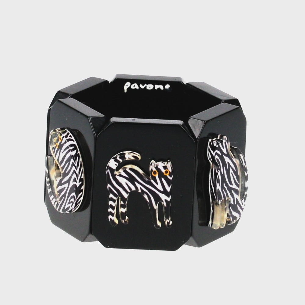 Zebra Black and White Cat Silhouette on Black Bracelet 