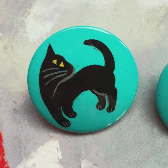 Buttons : Black Family Cat on Turquoise Blue Galalith Buttons (Set of 2 Buttons) diameter 28m