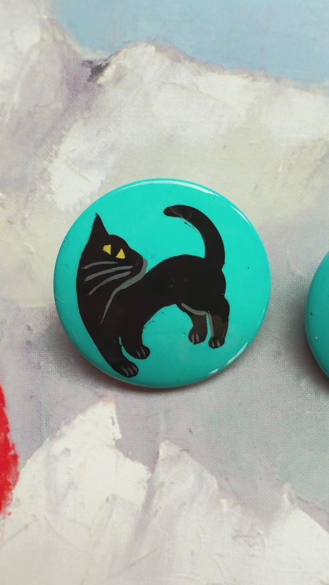 Buttons : Black Family Cat on Turquoise Blue Galalith Buttons (Set of 2 Buttons) diameter 28m