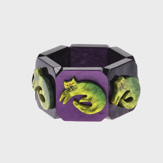 Moss Green Lying Cat on Pearly Purple Bracelet